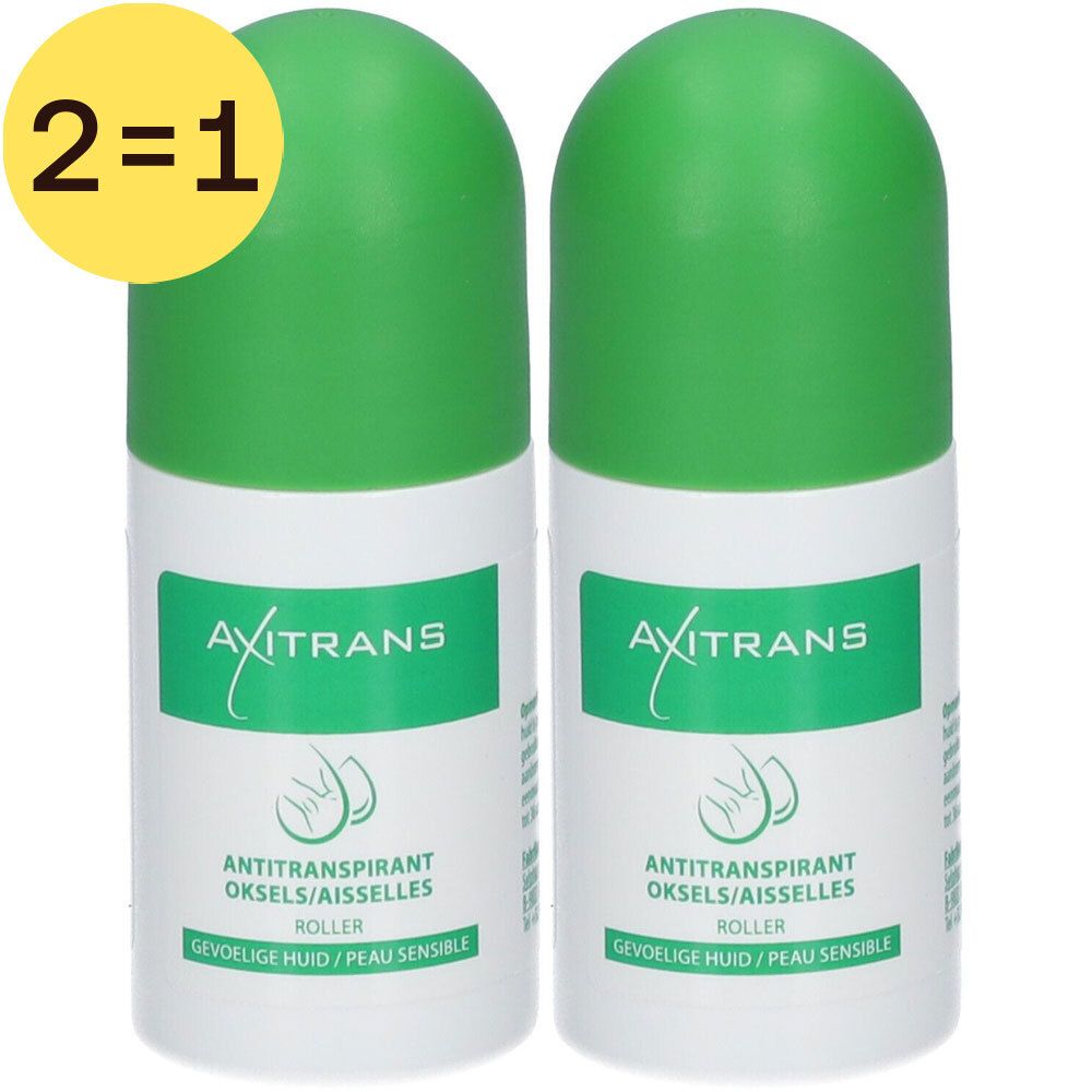 Twee witte roll-ons met groene doppen. Opschrift: Axitrans, Antitranspirant, gevoelige huid. Geel 2=1 label.