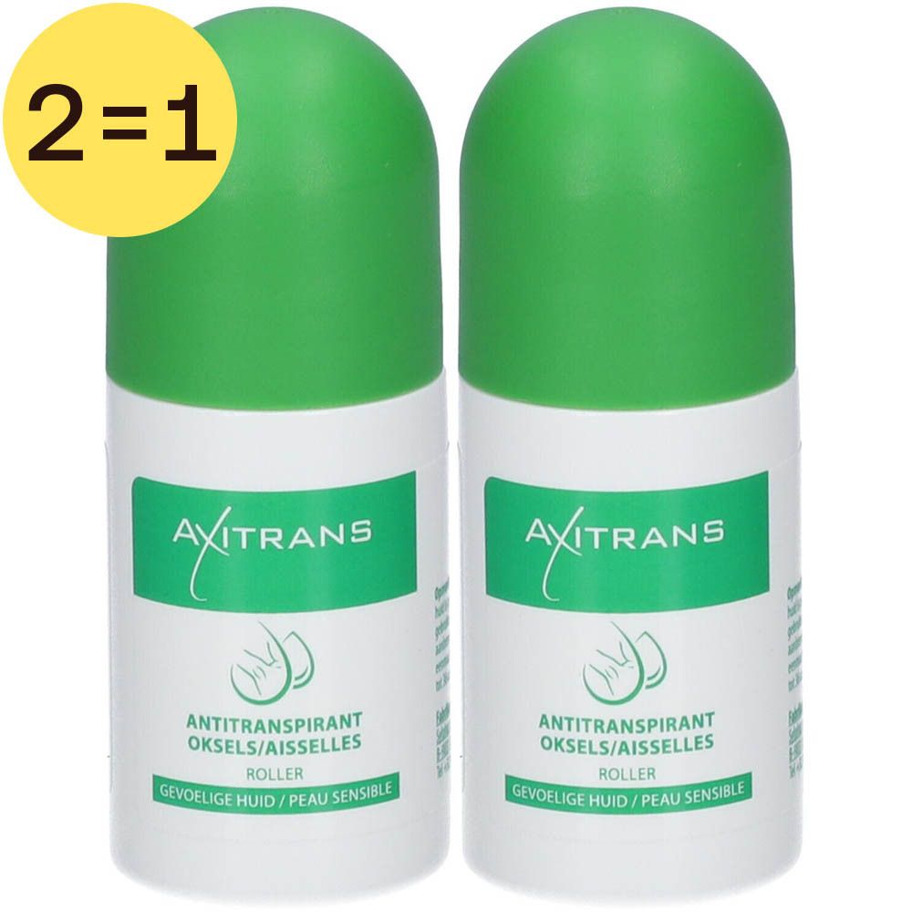 Twee witte roll-ons met groene doppen. Opschrift: Axitrans, Antitranspirant, gevoelige huid. Geel 2=1 label.