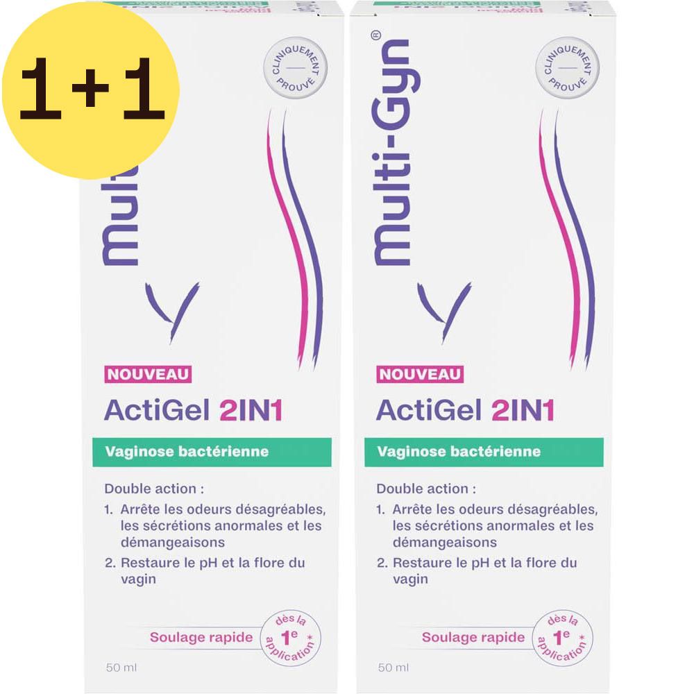Deux tubes Multi-Gyn ActiGel 2IN1. Inscription: Vaginose bactérienne. Jaune: 2=1.