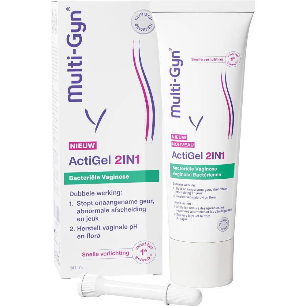 Twee tubes Multi-Gyn ActiGel 2IN1. Opschrift: Bacteriële Vaginose. Snelle verlichting.