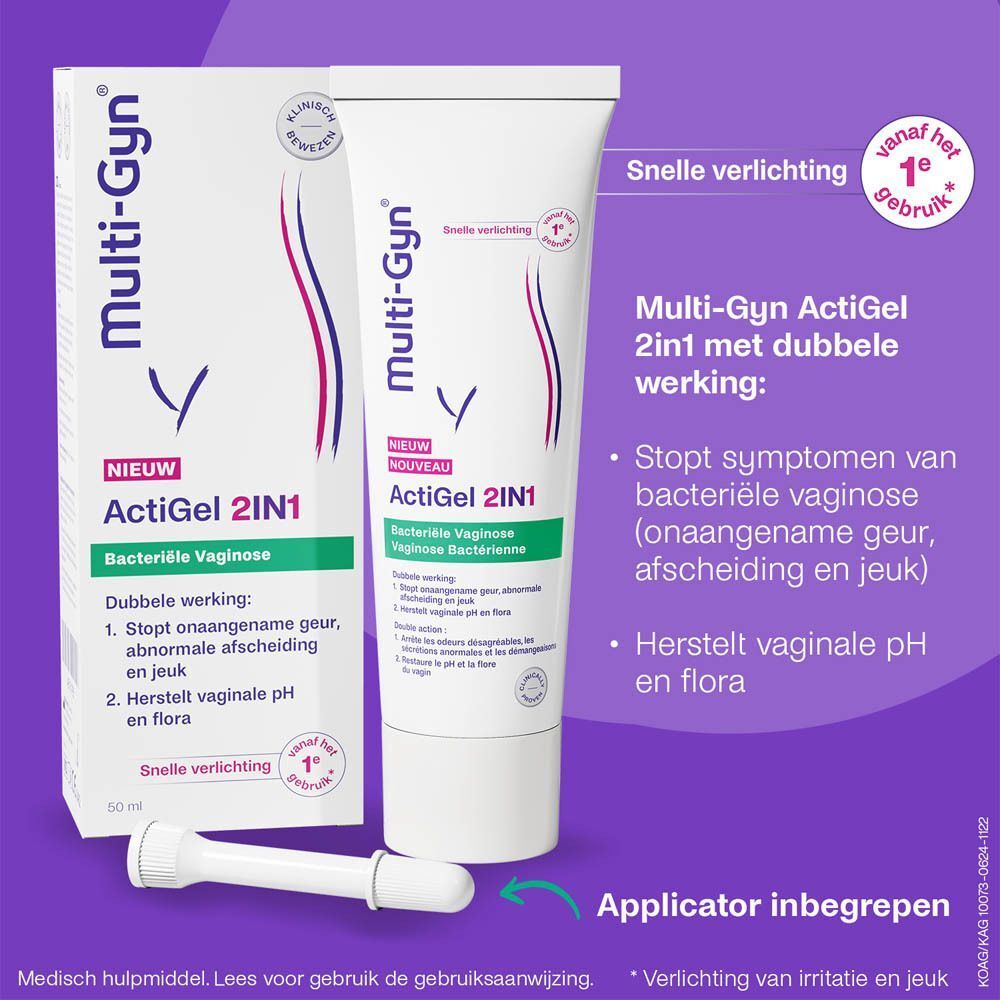 Twee tubes Multi-Gyn ActiGel 2IN1. Opschrift: Bacteriële Vaginose. Snelle verlichting.