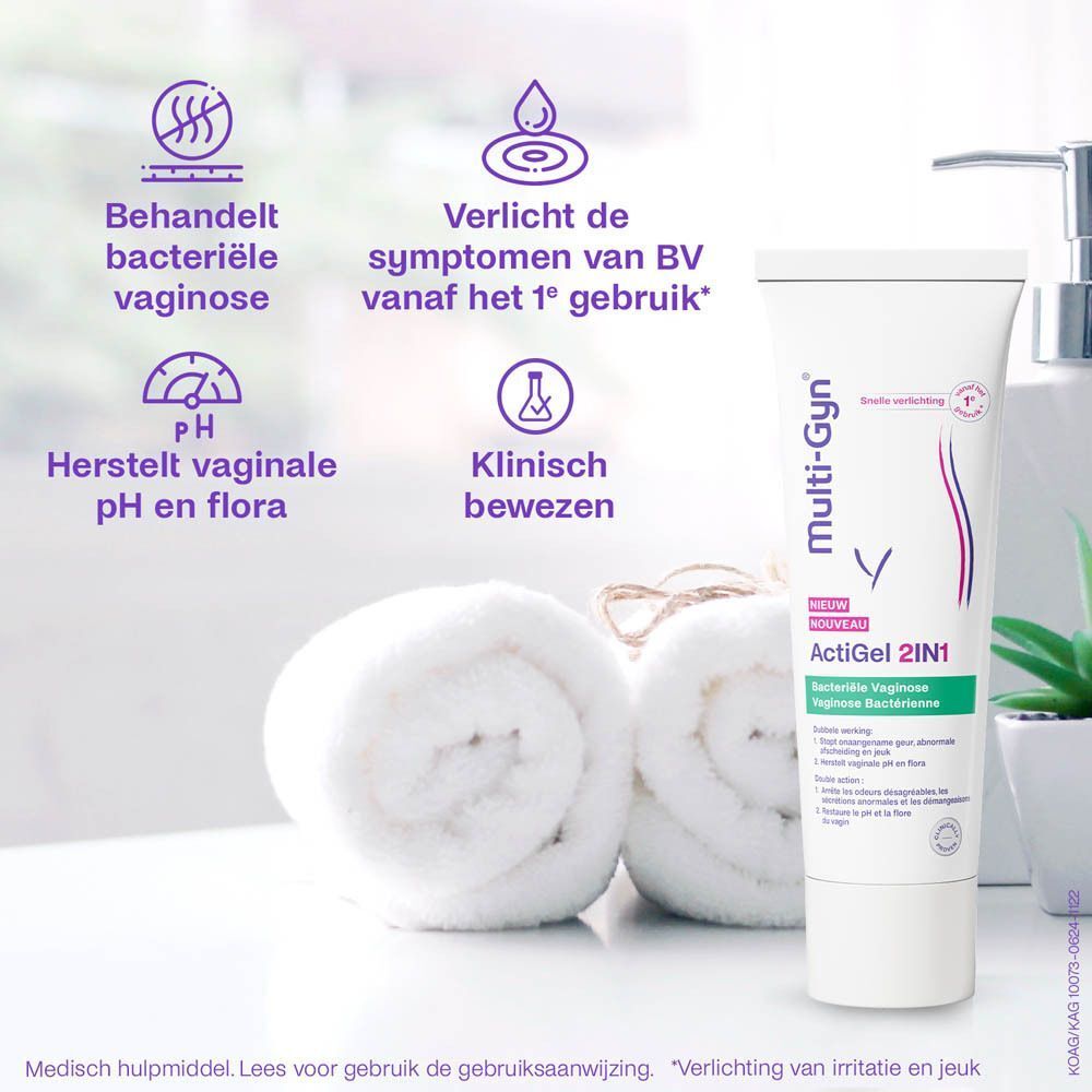 Multi-Gyn ActiGel 2IN1 tube en doos. Opschrift: Bacteriële Vaginose. Incl. applicator.