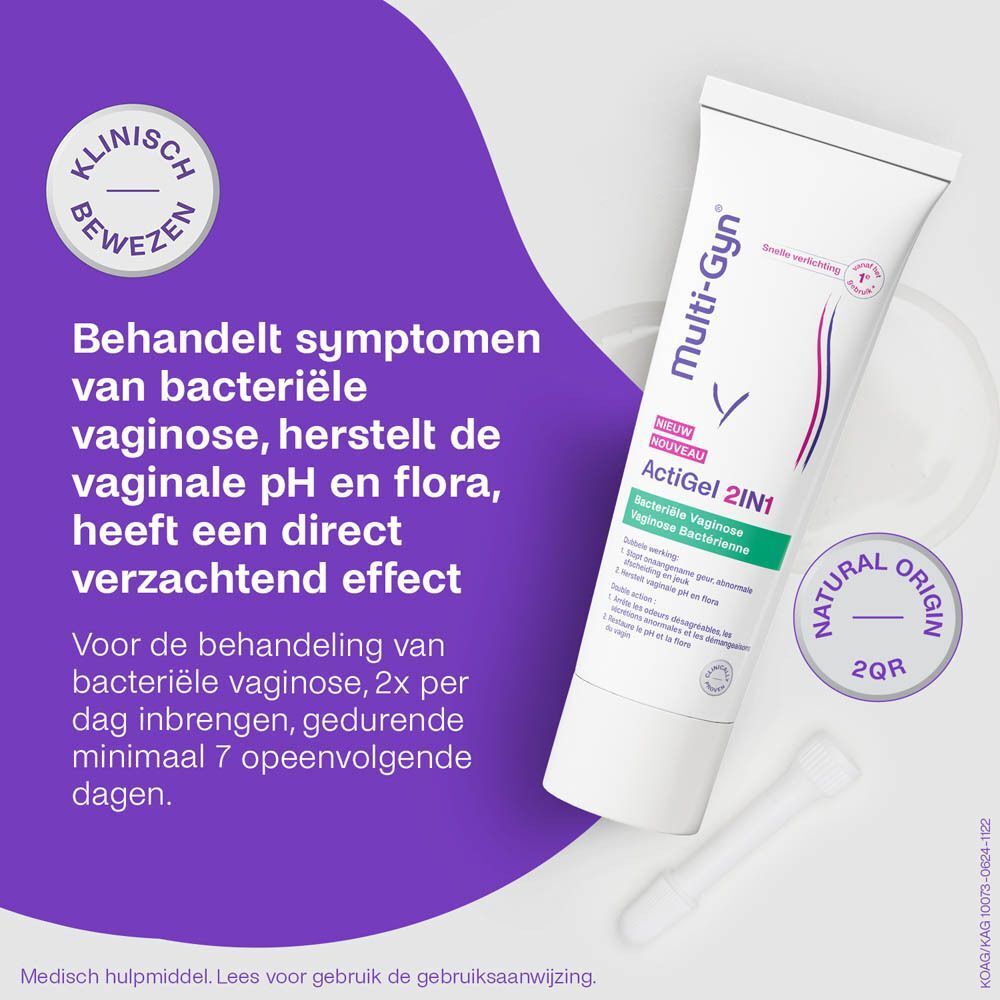 Multi-Gyn ActiGel 2IN1 tube en doos. Opschrift: Bacteriële Vaginose. Incl. applicator.