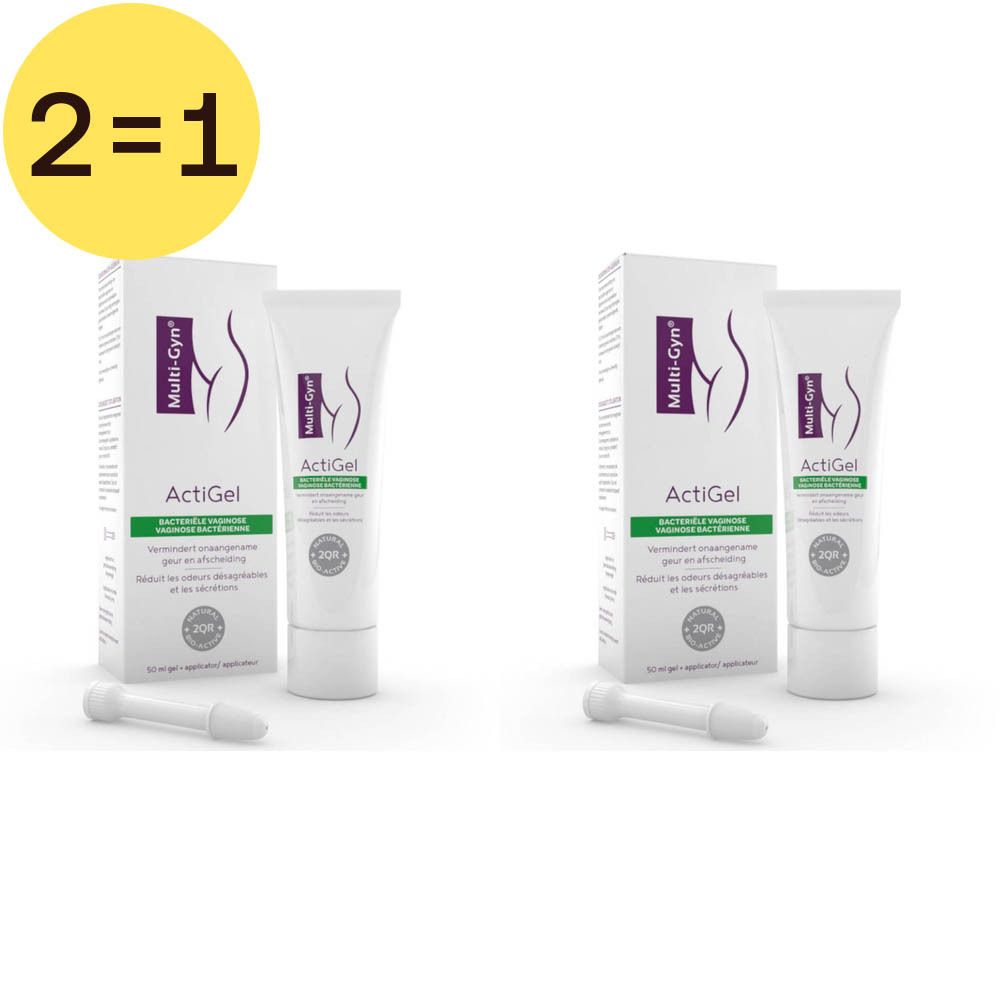 Deux boîtes de Multi-Gyn ActiGel avec applicateurs. Emballage avec nom et logo du produit. Tubes de gel et applicateurs.