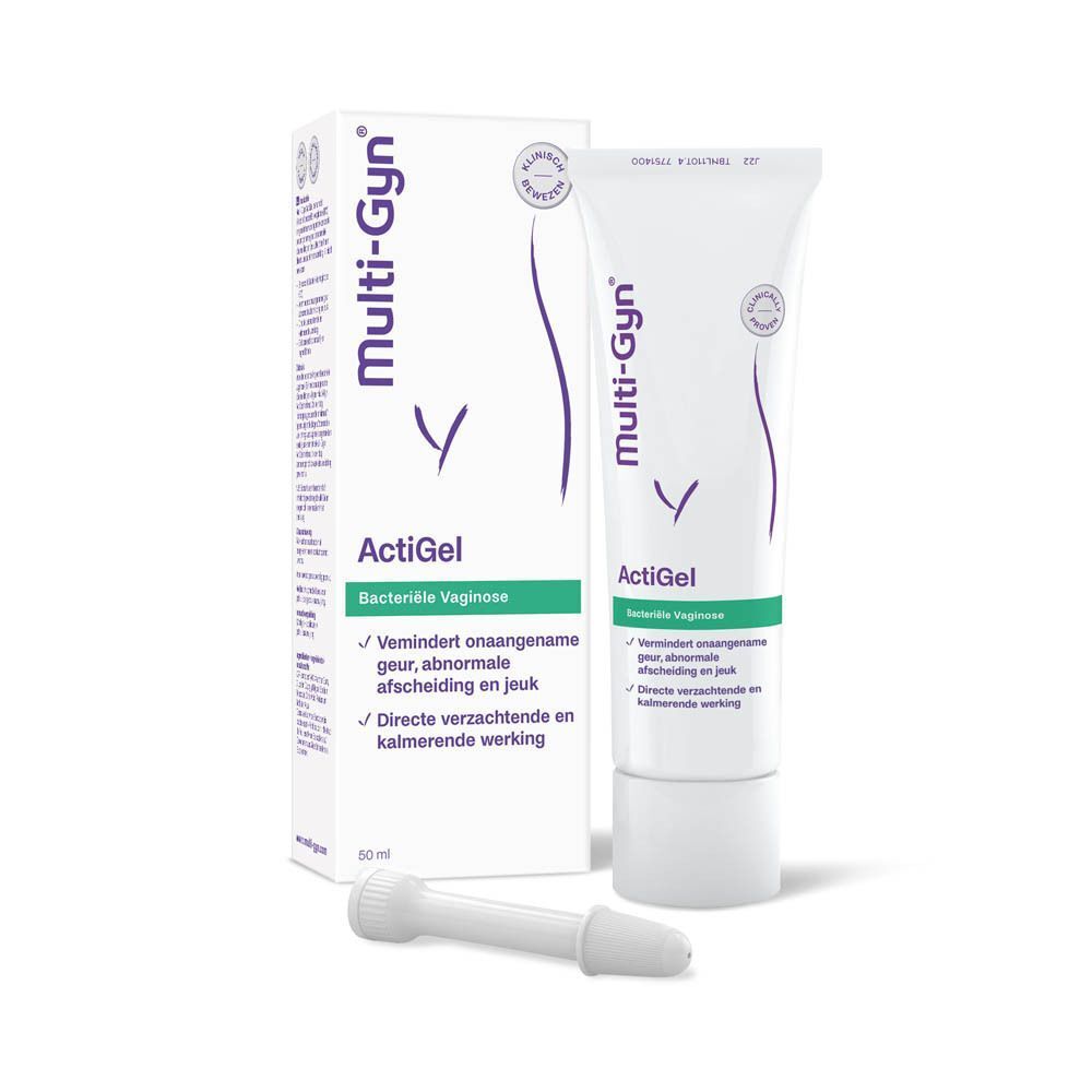 Twee verpakkingen Multi-Gyn ActiGel. Productinformatie op de verpakking. Logo en productnaam duidelijk zichtbaar.