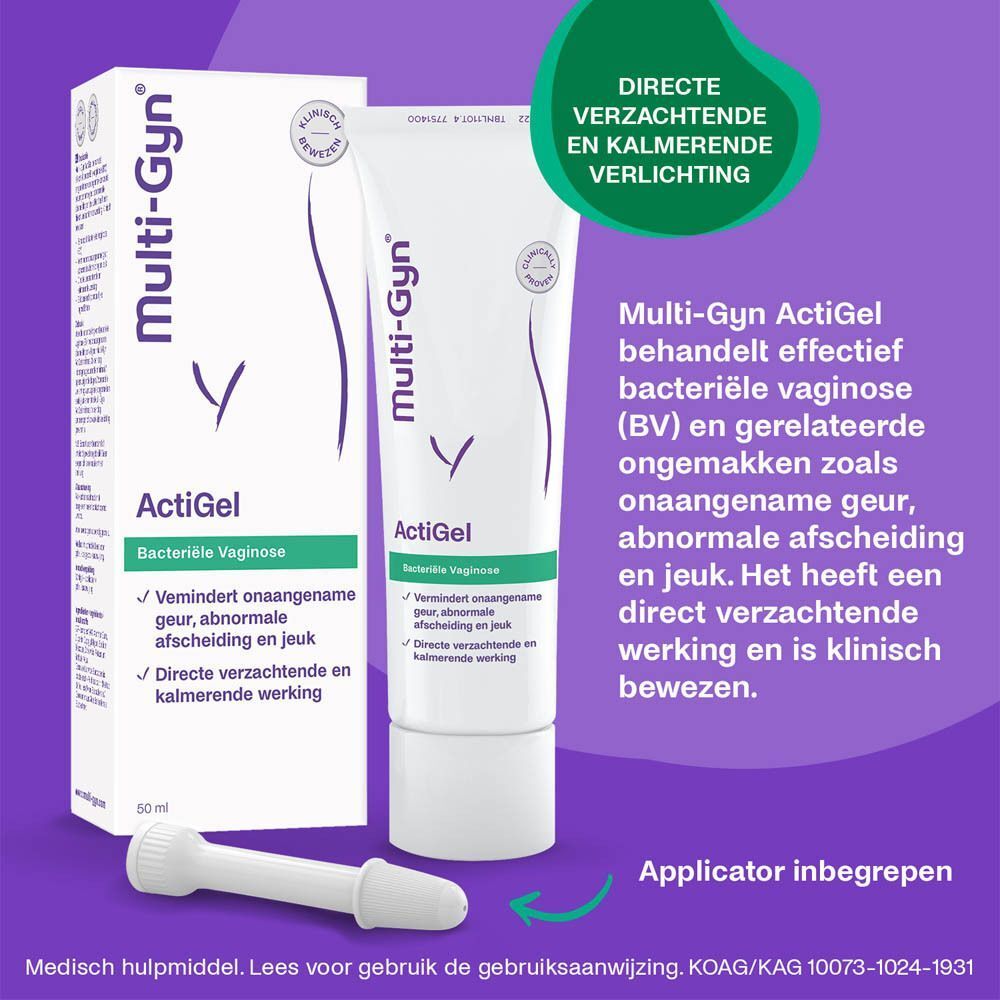 Multi-Gyn ActiGel verpakking en tube. Productinformatie op de verpakking. Logo en productnaam duidelijk zichtbaar.