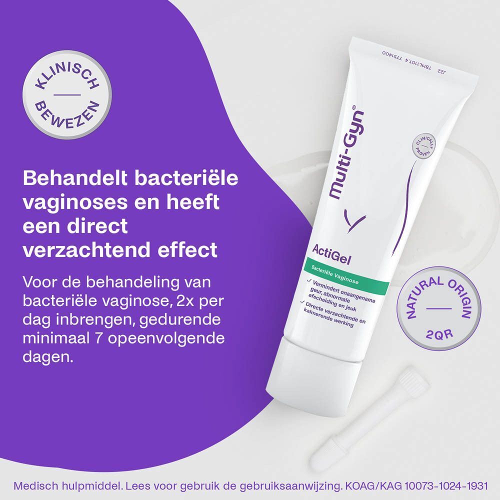 Multi-Gyn ActiGel verpakking, tube en applicator. Productinformatie op de verpakking. Logo en productnaam.