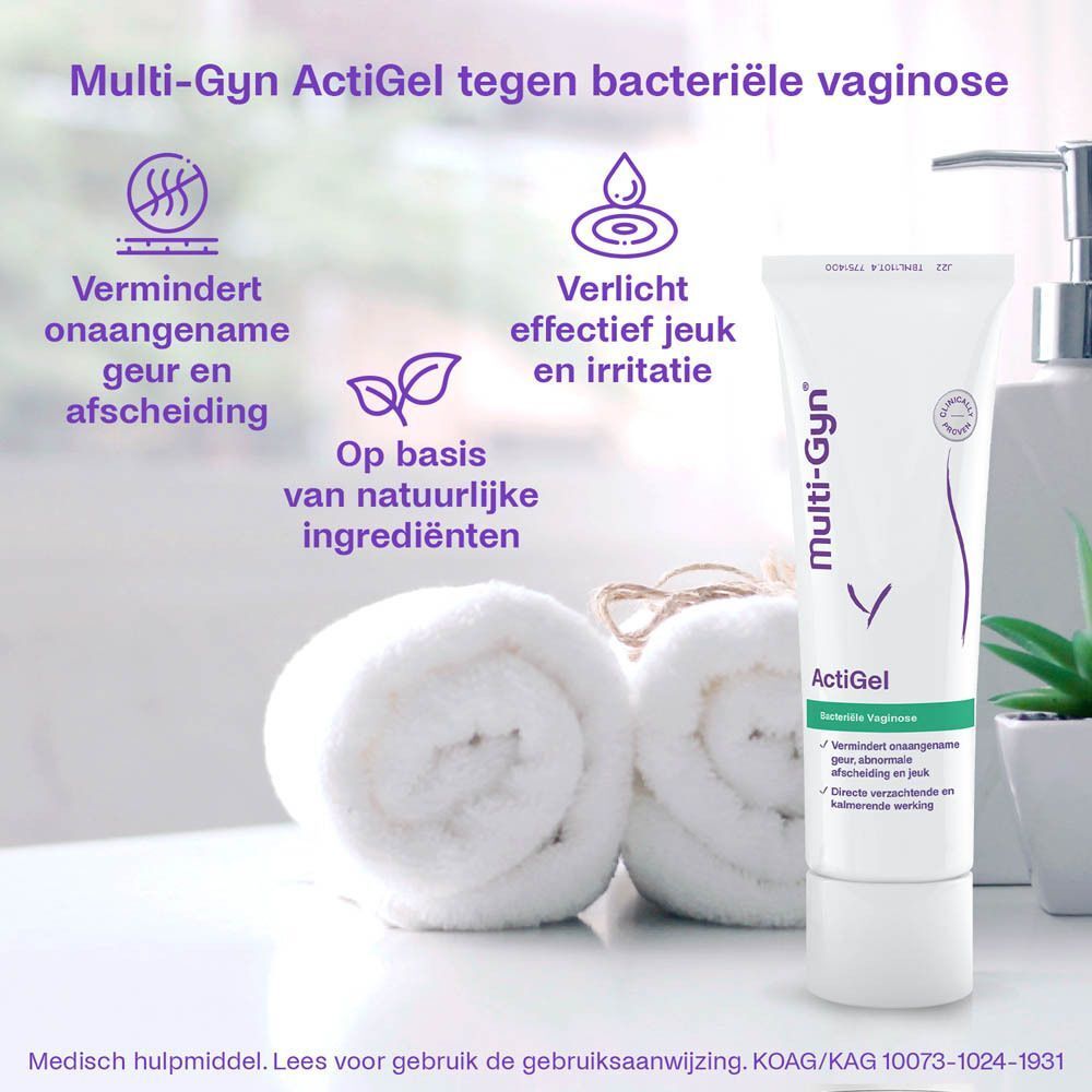 Multi-Gyn ActiGel tube en applicator. Productinformatie. Logo en productnaam. Achtergrond met handdoeken.