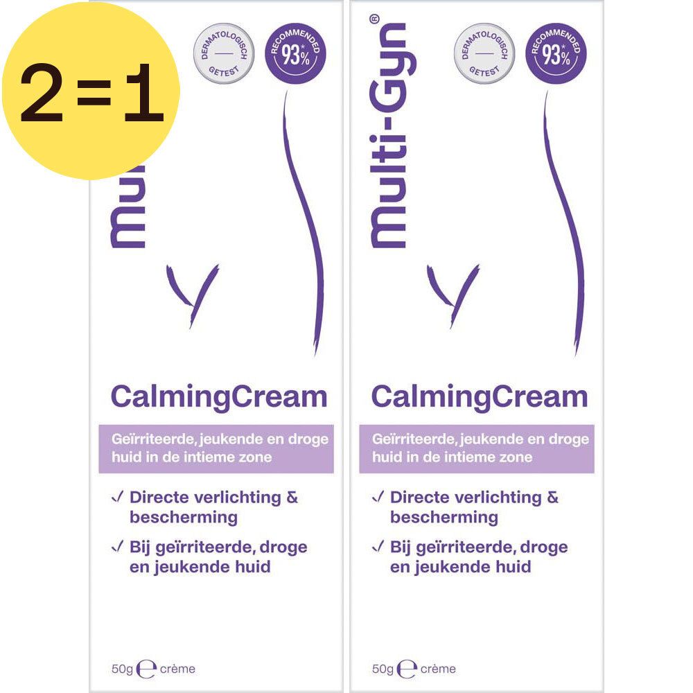Twee tubes Multi-Gyn CalmingCream. Wit, met paarse tekst en logo. Opschrift: Directe verlichting en bescherming bij irritatie.