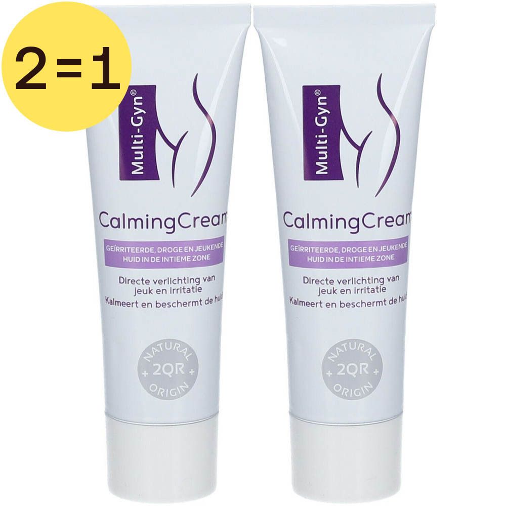 Deux tubes de Multi-Gyn CalmingCream. Blanc, texte et logo violets. Inscription : Soulagement direct des démangeaisons et irritations.