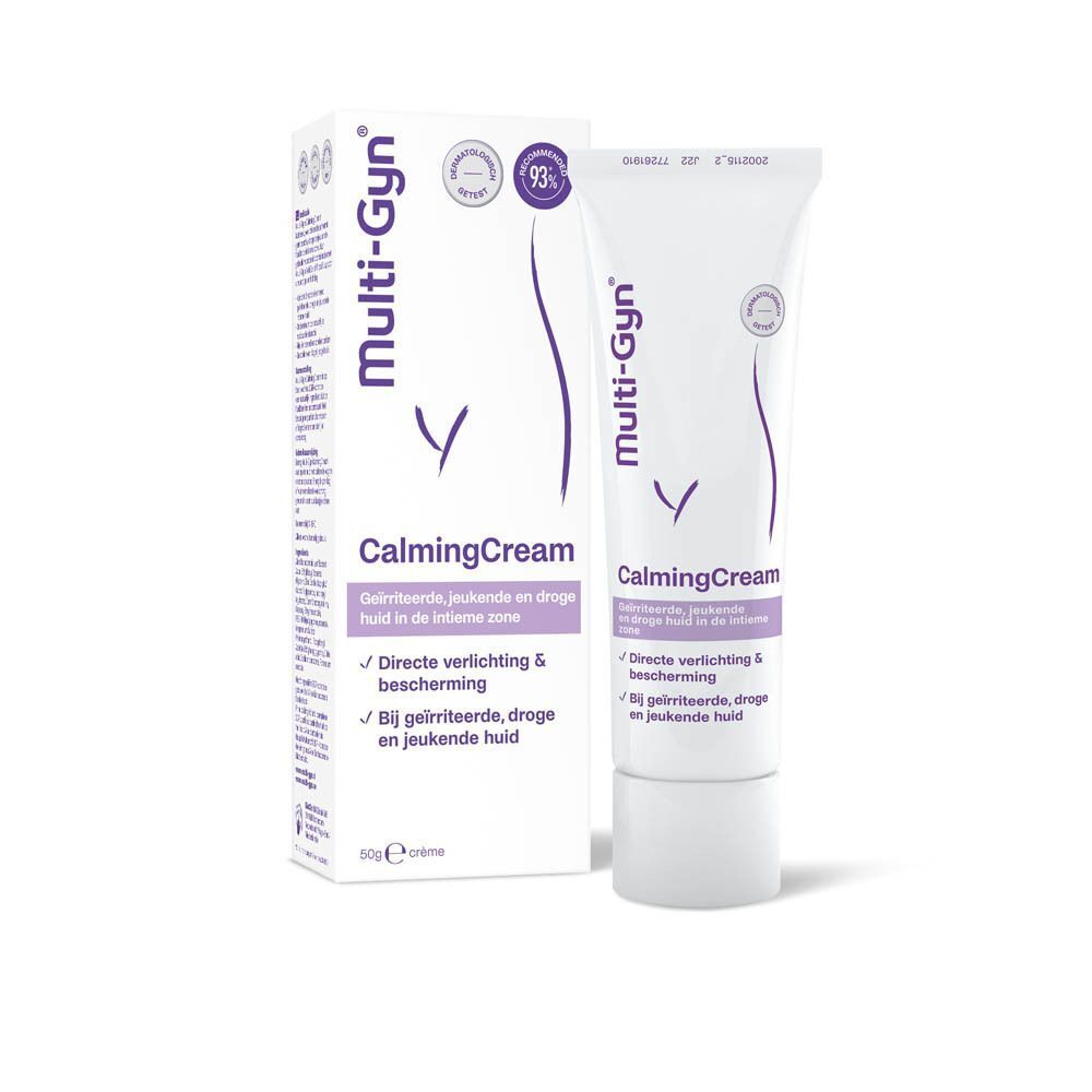 Multi-Gyn CalmingCream tube en doos. Witte tube en doos met paarse tekst en logo. Opschrift: CalmingCream. 93% beoordeling.