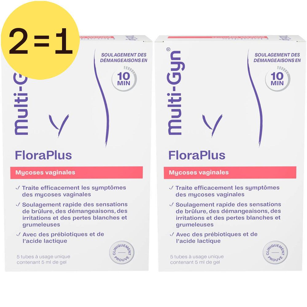 Deux boîtes avec nom et logo du produit. Texte en français : FloraPlus, Mycoses vaginales. Inscription jaune : 2=1.