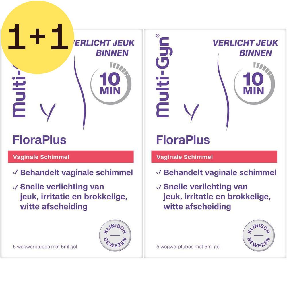 Twee verpakkingen Multi-Gyn FloraPlus. Witte dozen met paarse tekst en afbeelding. Opschrift: Vaginale schimmel.