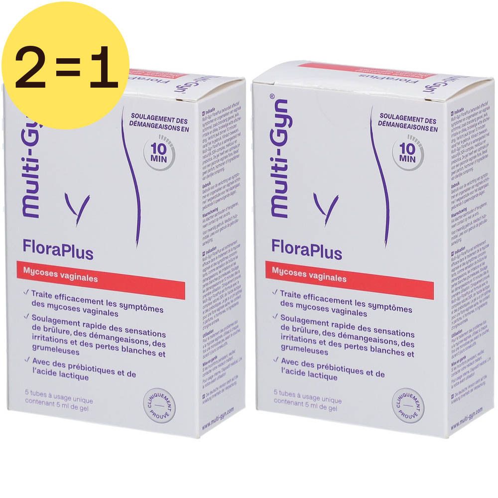 Deux boîtes avec nom et logo du produit. Texte en français : FloraPlus, Mycoses vaginales. Inscription jaune : 2=1.