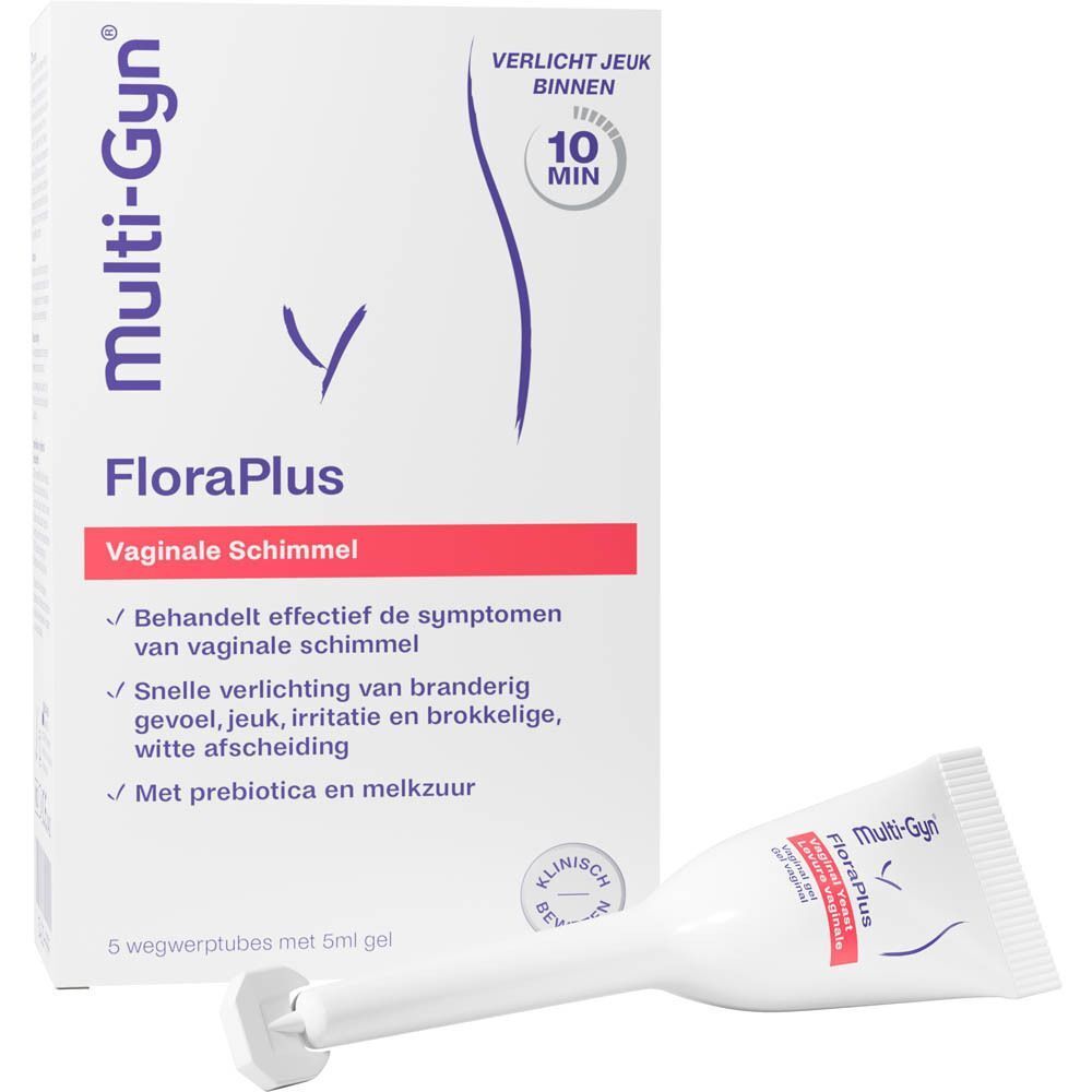 Twee verpakkingen Multi-Gyn FloraPlus. Witte dozen met paarse tekst en afbeelding. Opschrift: Vaginale schimmel.