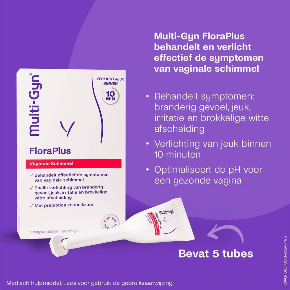 Twee verpakkingen Multi-Gyn FloraPlus. Witte dozen met paarse tekst en afbeelding. Opschrift: Vaginale schimmel.