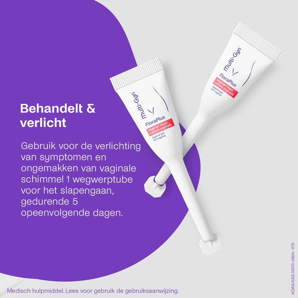 Multi-Gyn FloraPlus verpakking en applicator. Witte verpakking met paarse tekst. Applicator met witte punt.