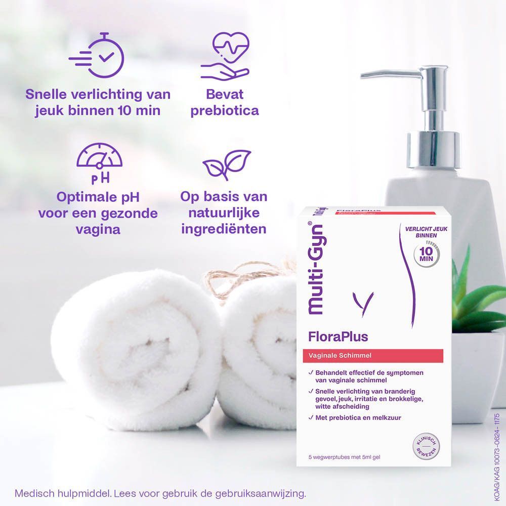 Multi-Gyn FloraPlus verpakking en tube. Paarse achtergrond. Tekst: Behandelt & verlicht. Bevat 5 tubes.
