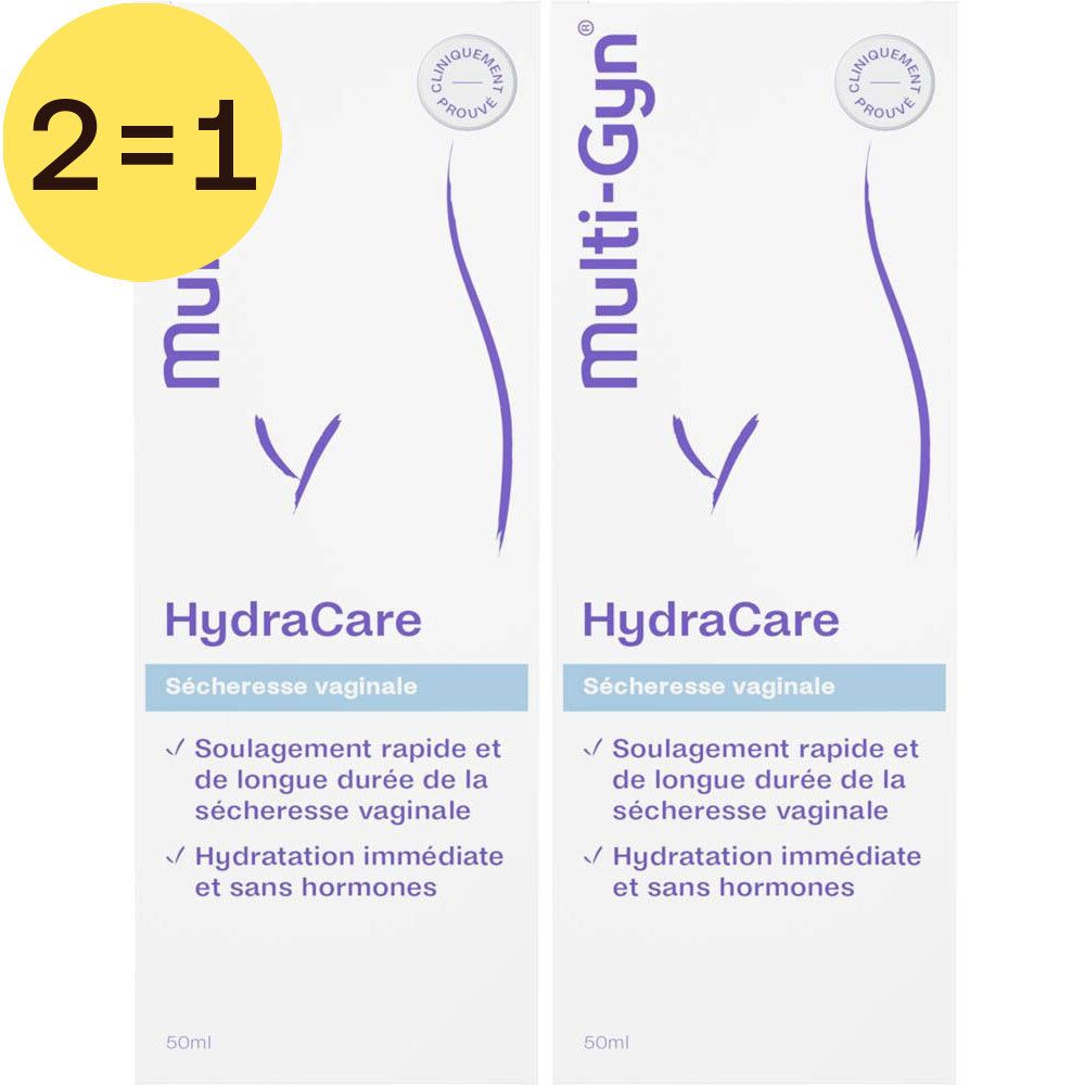 Deux boîtes HydraCare. Inscription: Multi-Gyn, HydraCare, sécheresse vaginale. Autocollant 2=1.