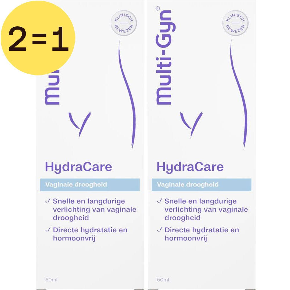 Twee verpakkingen HydraCare. Opschrift: Multi-Gyn, vaginale droogheid. 2=1 sticker.