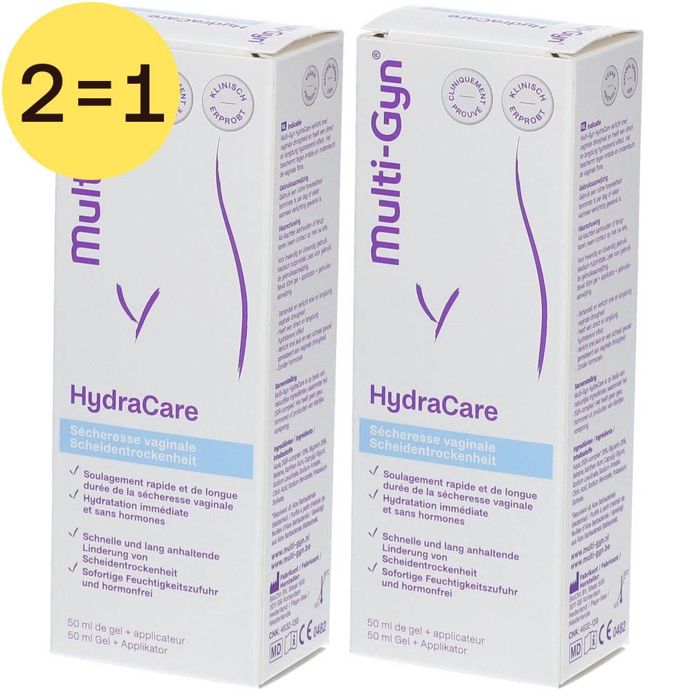 Twee verpakkingen HydraCare. Opschrift: Multi-Gyn, HydraCare, vaginale droogheid. 2=1 sticker.