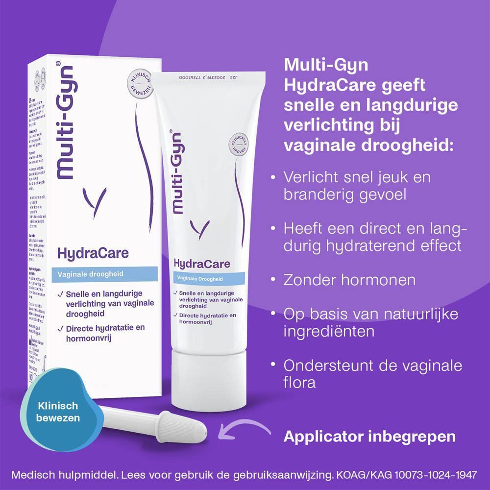 Een verpakking en een tube Multi-Gyn HydraCare gel. Op de verpakking staat "HydraCare" en "Vaginale droogheid".