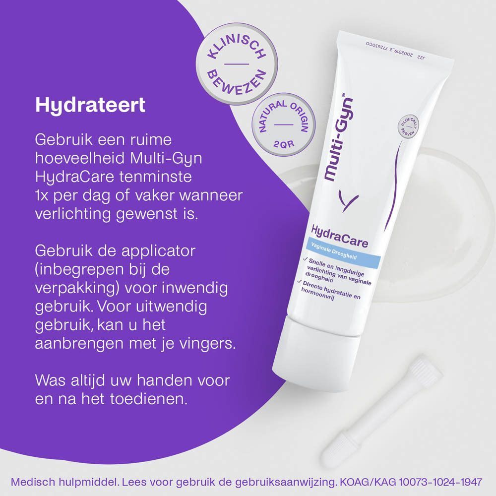 Tube Multi-Gyn HydraCare gel en verpakking. Op de verpakking staat "HydraCare" en "Vaginale droogheid".