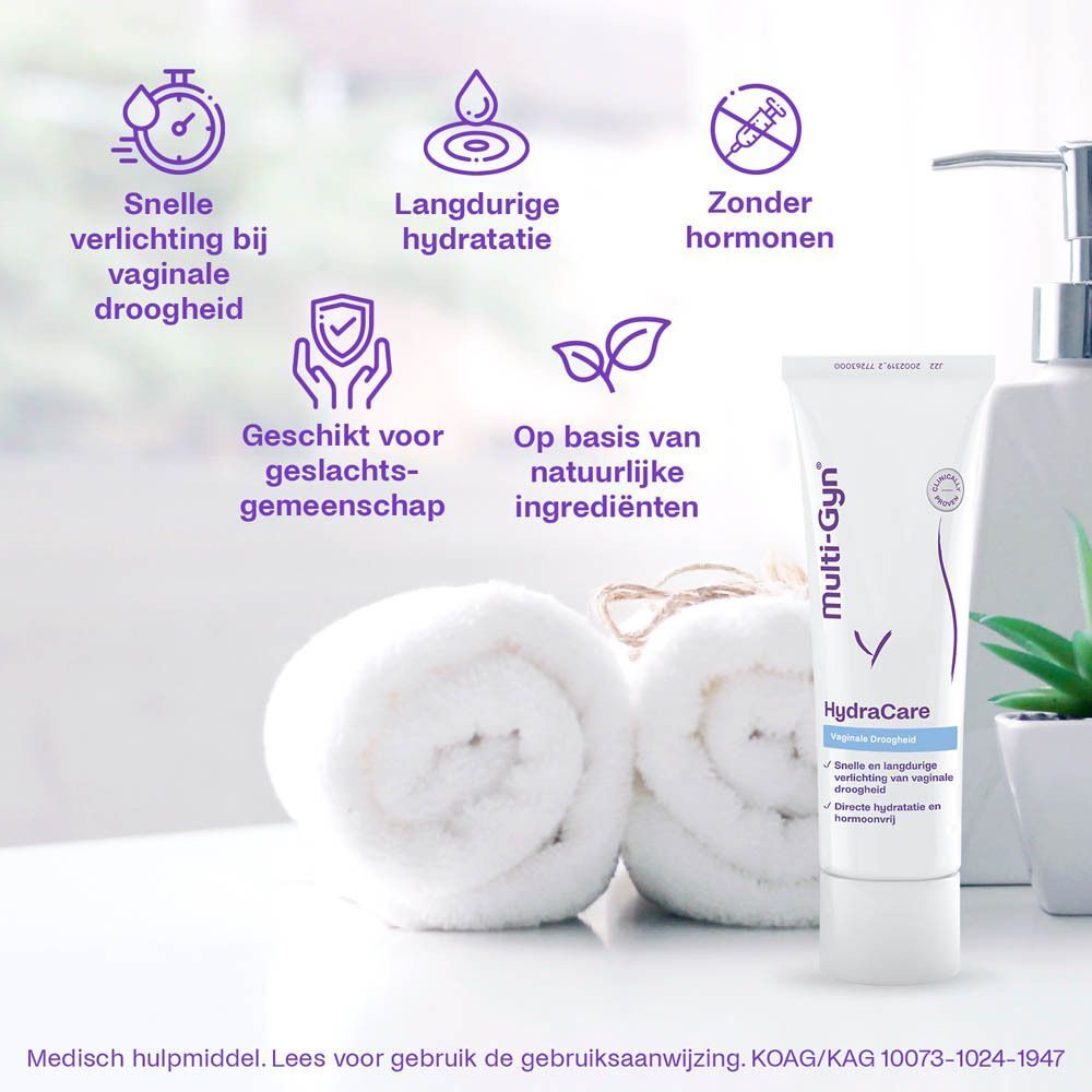 Tube Multi-Gyn HydraCare gel, handdoeken en accessoires. Op de tube staat "HydraCare" en "Vaginale droogheid".