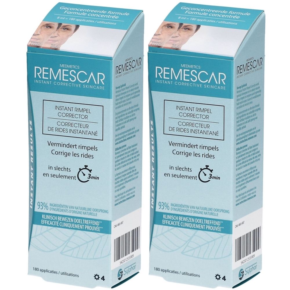 Deux boîtes de produit. Texte: Instant Corrective Skincare, Correcteur de Rides Instantané, 93% ingrédients d'origine naturelle.