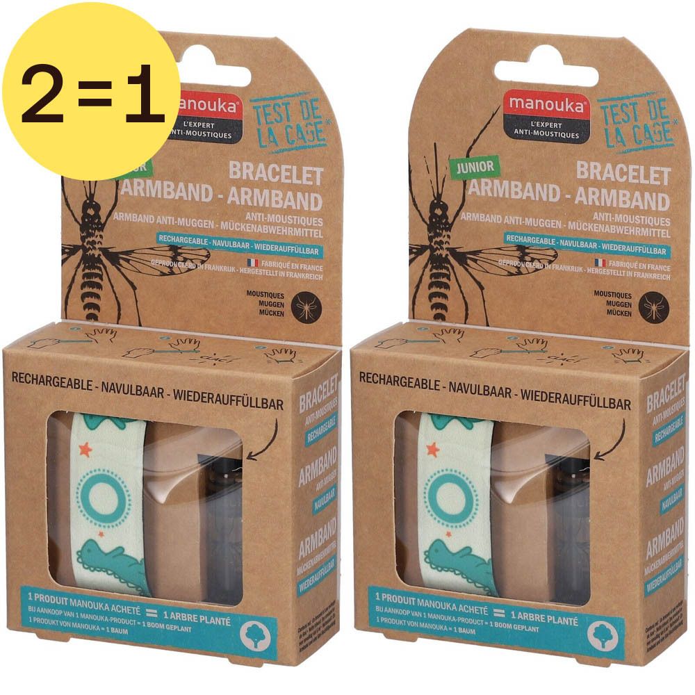 Twee Manouka Junior anti-muggen armbanden in kartonnen verpakking. Oplaadbaar. 2 voor 1.