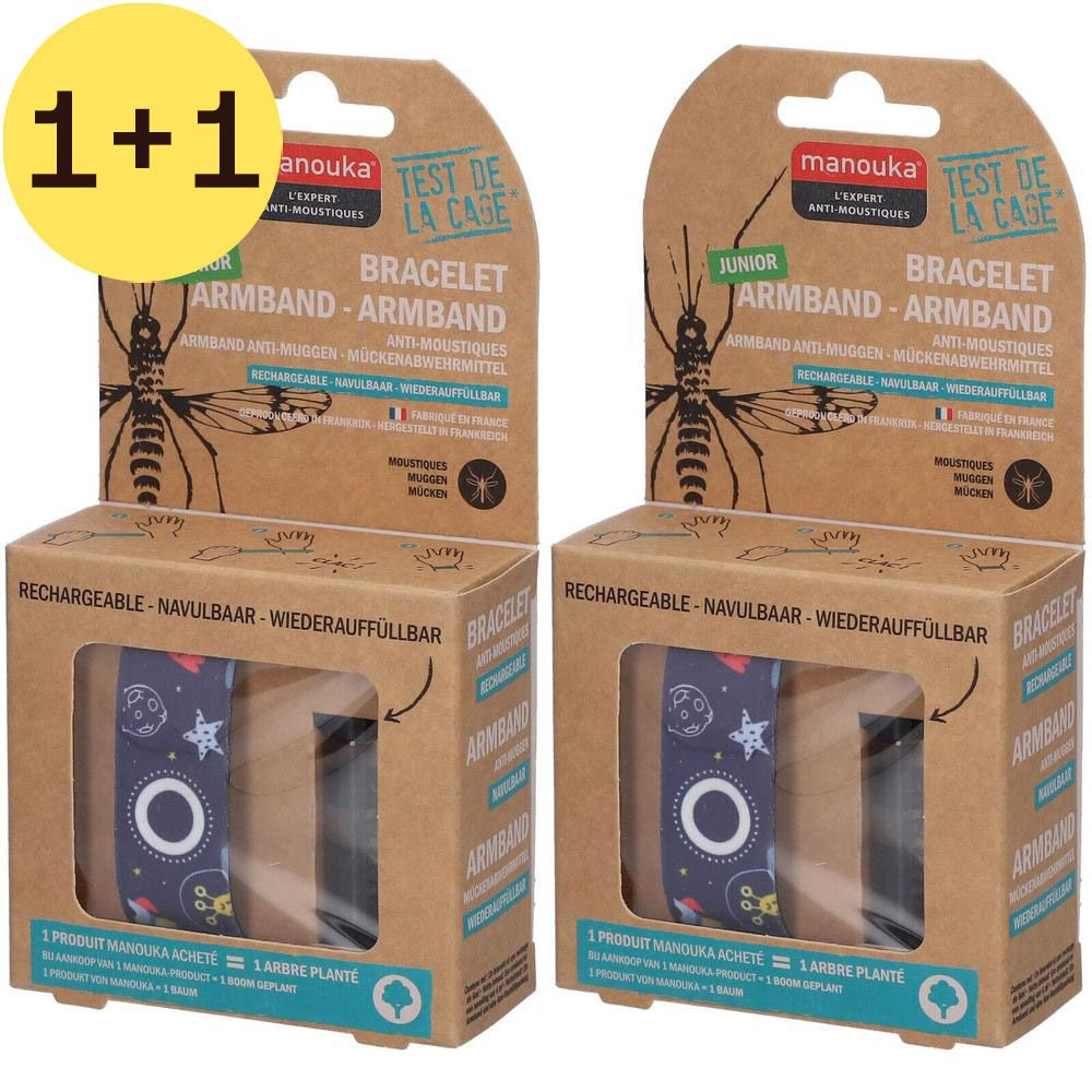 Twee Manouka Junior anti-muggen armbanden in verpakking. Tekst: "Test de la cage".