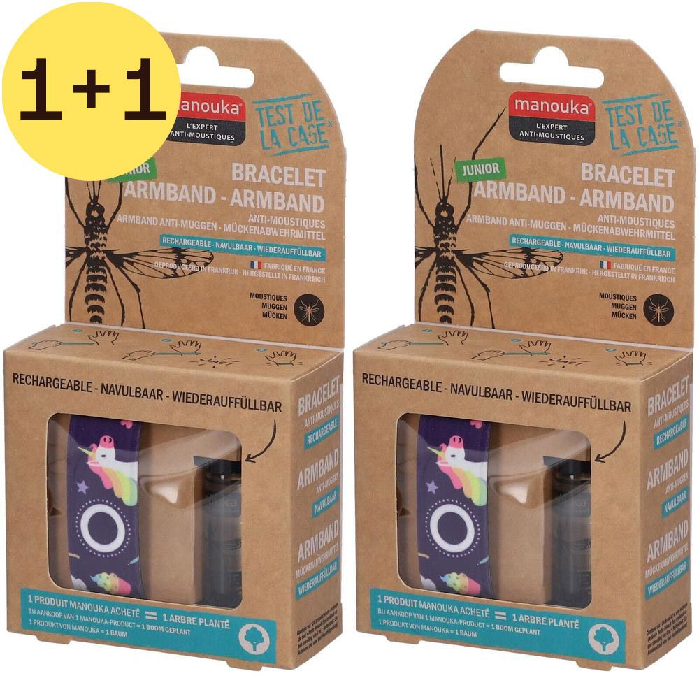 Twee anti-muggen armbanden met eenhoorn ontwerp, in kartonnen verpakking. "2=1" sticker.