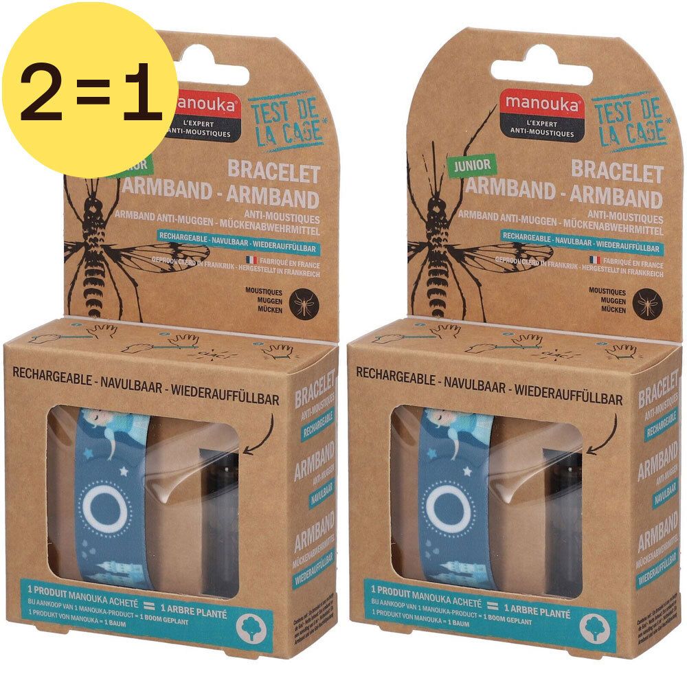 Deux bracelets anti-moustiques Manouka Junior. Emballage en carton. Rechargeable. Logo et texte visibles.
