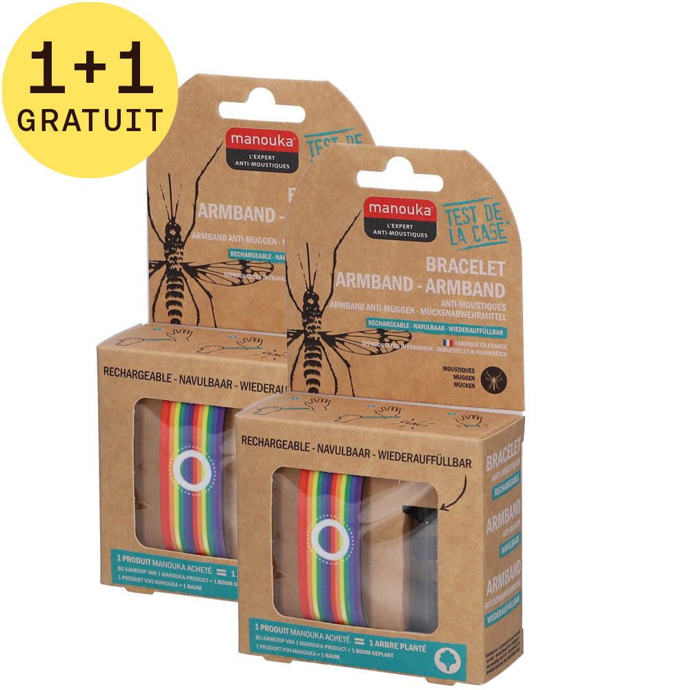 Deux boîtes de bracelets anti-moustiques. Emballage en carton avec nom et logo du produit. Bracelets multicolores visibles. 1+1 gratuit.
