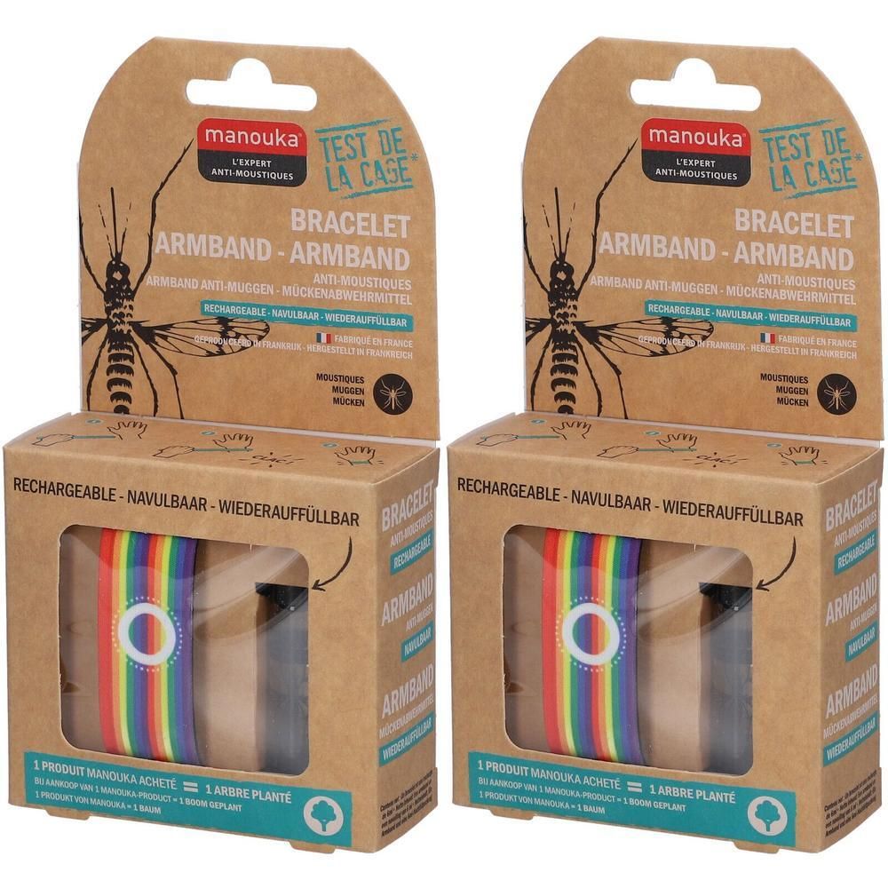Twee dozen armbanden tegen muggen. Kartonnen verpakking met productnaam en logo. Meerkleurige armbanden zichtbaar.