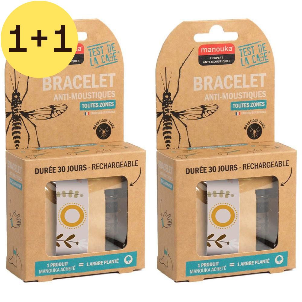 Twee verpakkingen anti-muggenarmbanden. Kartonnen verpakking met productnaam, logo en informatie. "2=1" sticker.