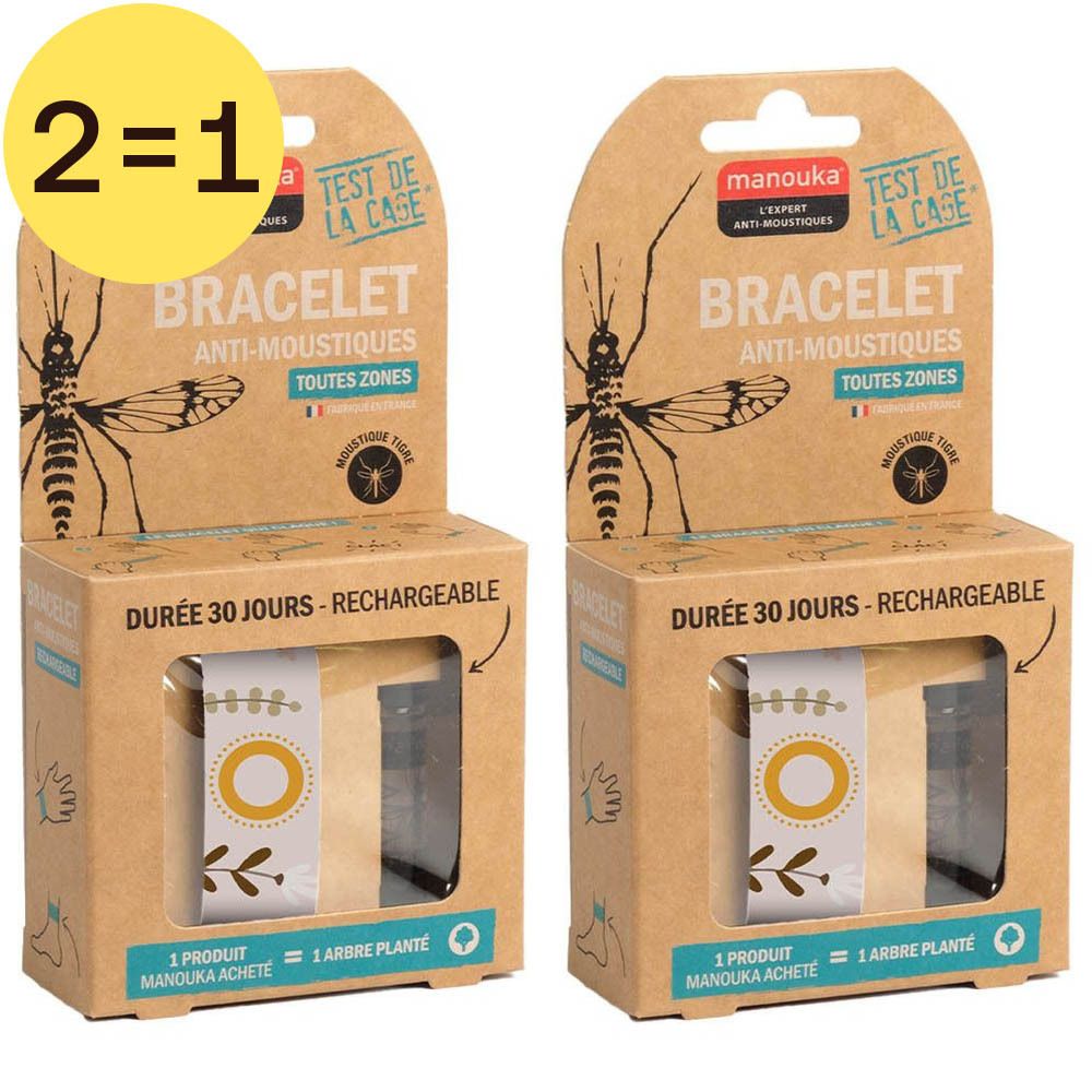 Twee verpakkingen anti-muggenarmbanden. Kartonnen verpakking met productnaam, logo en informatie. "2=1" sticker.