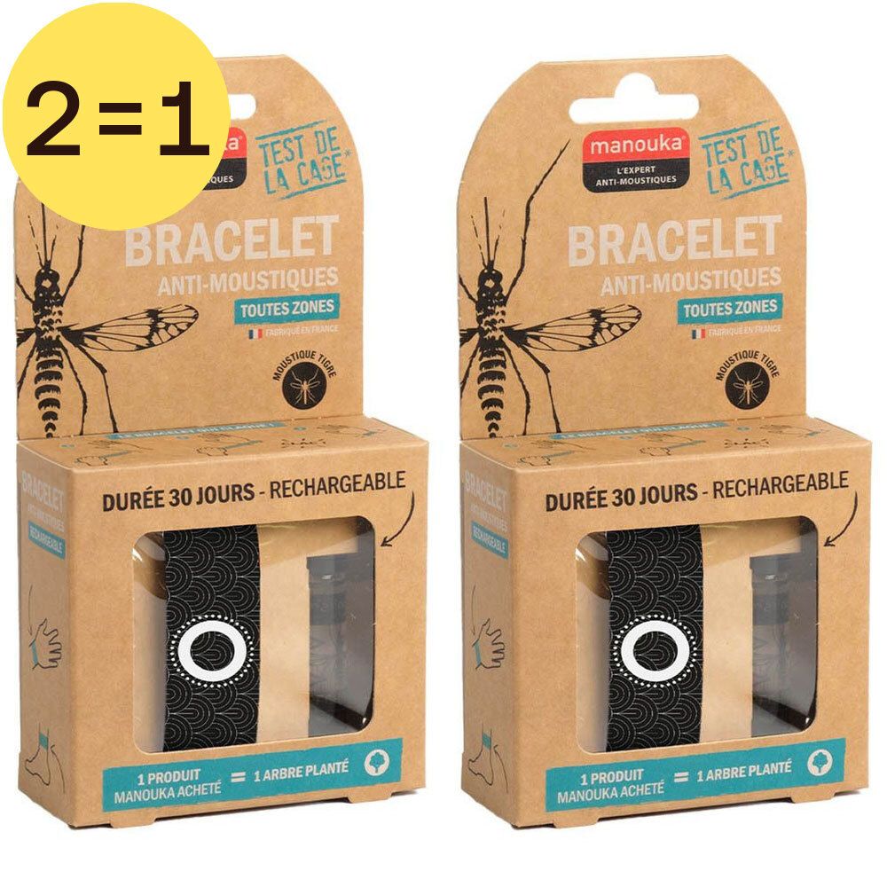 Twee verpakkingen armbanden tegen muggen. Kartonnen verpakking met productafbeelding en tekst. "2=1" sticker.