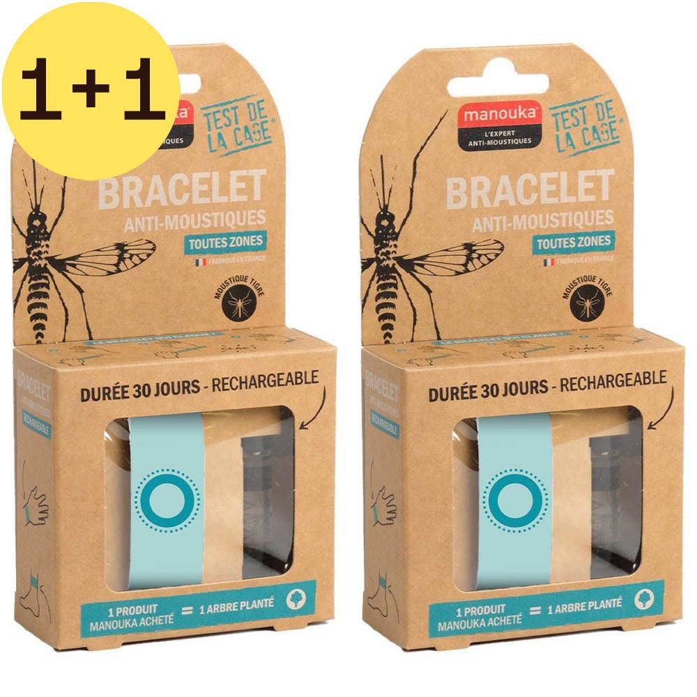 Twee verpakkingen armbanden tegen muggen. Kartonnen verpakking met productafbeelding en tekst. "2=1" sticker.