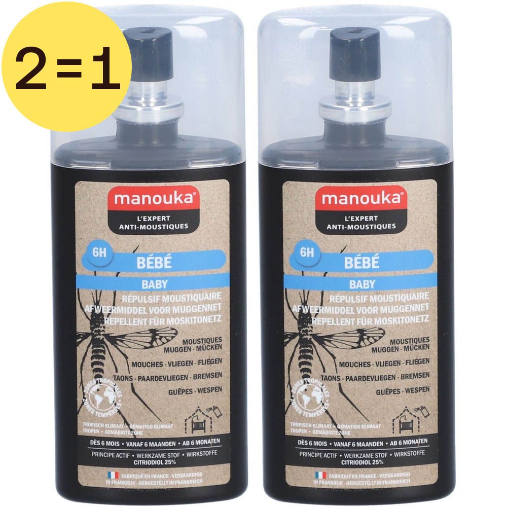 Twee flessen Manouka Bébé anti-muggen. 2-in-1 product. Voor baby's vanaf 6 maanden. Transparante dop.
