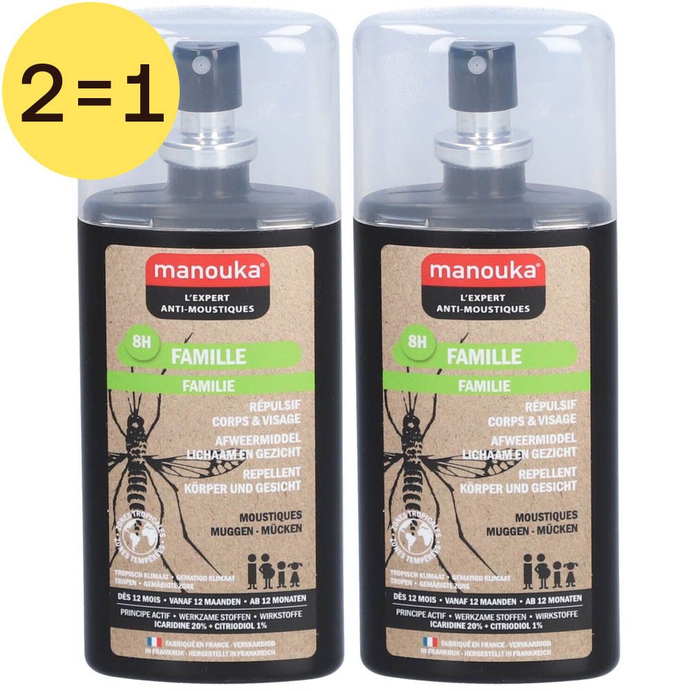 Twee flacons met verstuiver. Zwarte etiketten met tekst en logo. Linksboven: gele cirkel met "2=1".