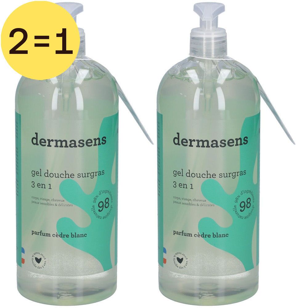 Deux flacons de gel douche avec étiquette. Inscription: dermasens, gel douche surgras 3 en 1, Parfum Cèdre blanc.