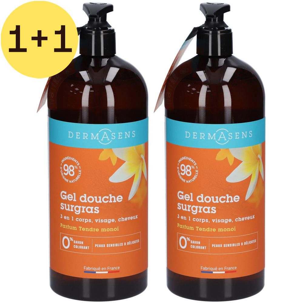 Twee flessen DermAsens Gel Douche Surgras, bruine flessen met zwarte pomp, etiket met tekst en logo.