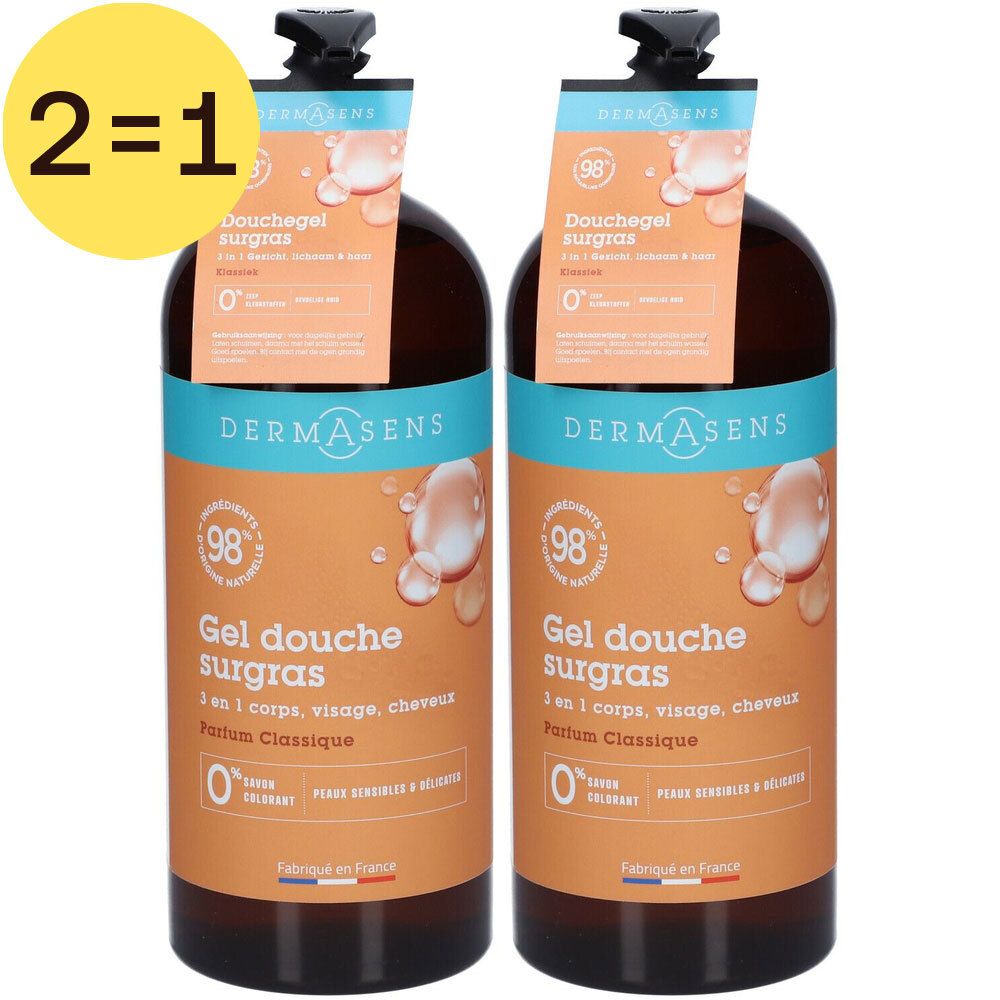 Twee flessen DermAsens Gel Douche Surgras. Labels met productinformatie. 2=1 sticker.