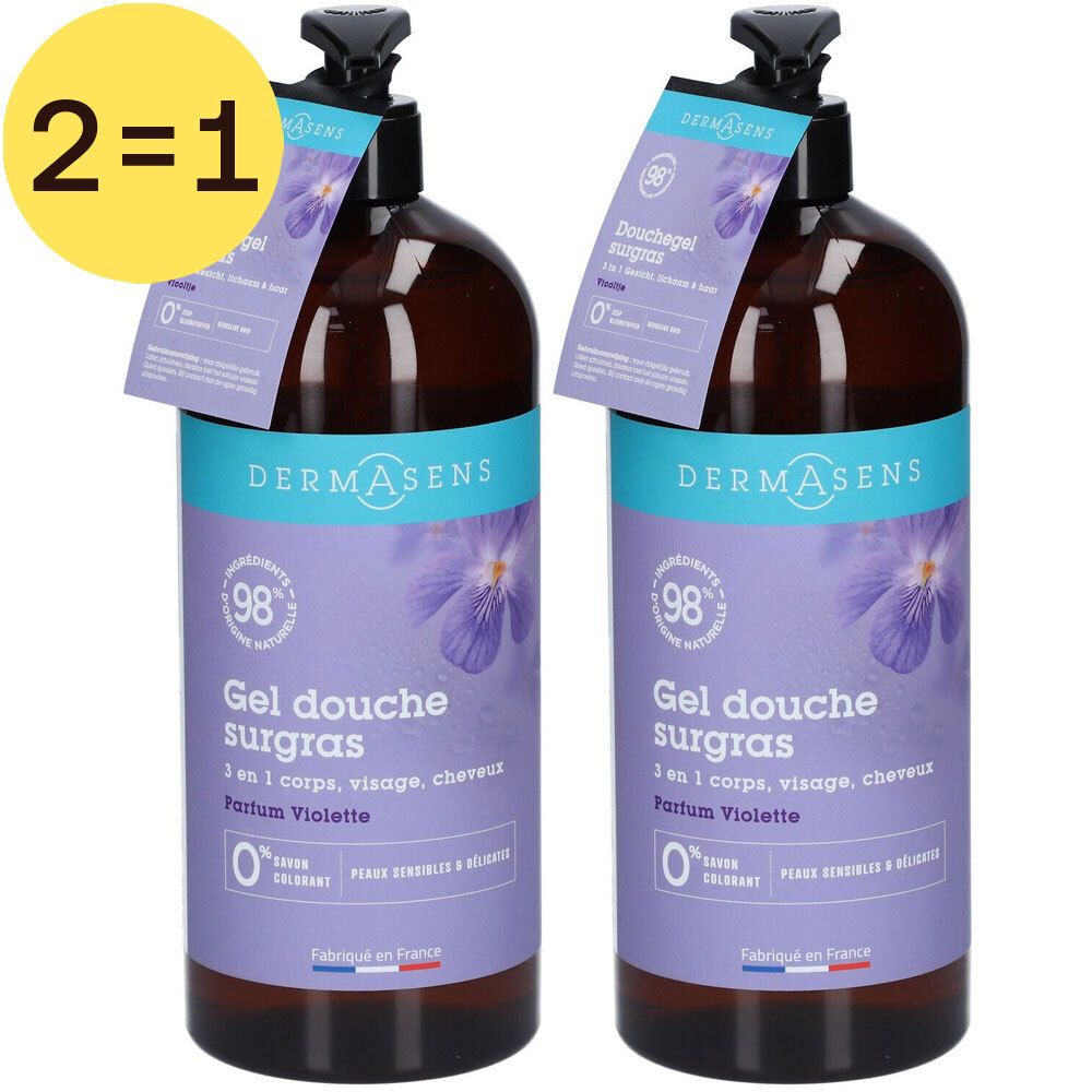 Twee flessen DermAsens douchegel, paarse etiketten. Opschrift 'Gel douche surgras'. Sticker 2=1.