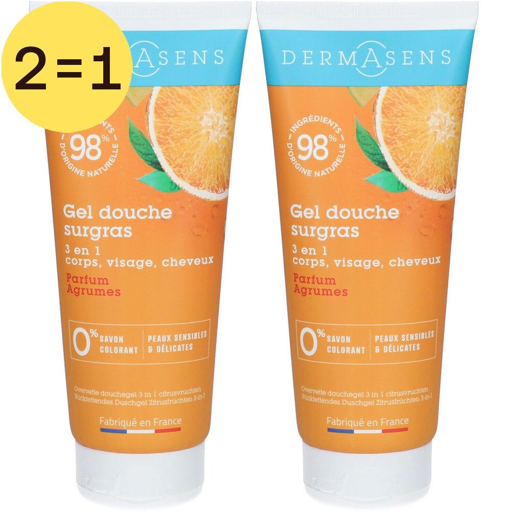 Twee tubes douchegel met sinaasappelmotief. Tekst: "Gel douche surgras", "Parfum Agrumes", "0% savon". 
