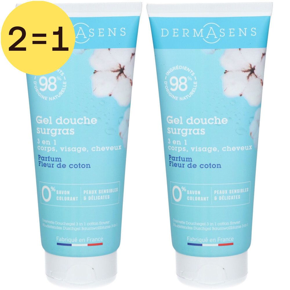 Twee blauwe douchegel tubes met witte dop. Opschrift: Gel douche surgras, Fleur de coton. Logo 2=1.