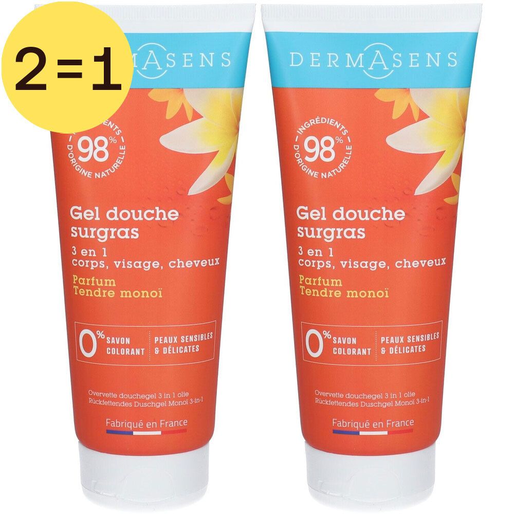Twee tubes DermAsens douchegel, sticker 2=1. Oranje achtergrond, blauwe en witte tekst. Natuurlijke ingrediënten.