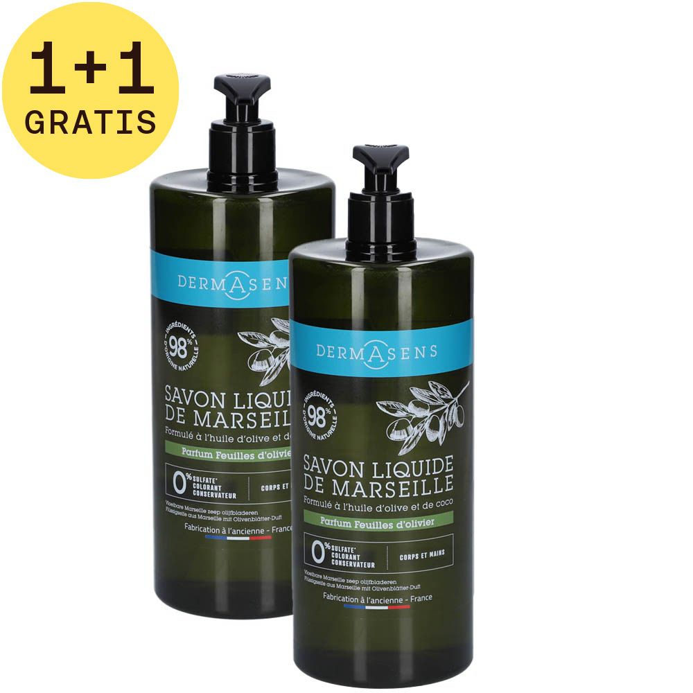 Twee groene flessen met zwarte pomp. Opschrift: DermAsens Savon Liquide de Marseille, olijfbladgeur. 1+1 GRATIS.