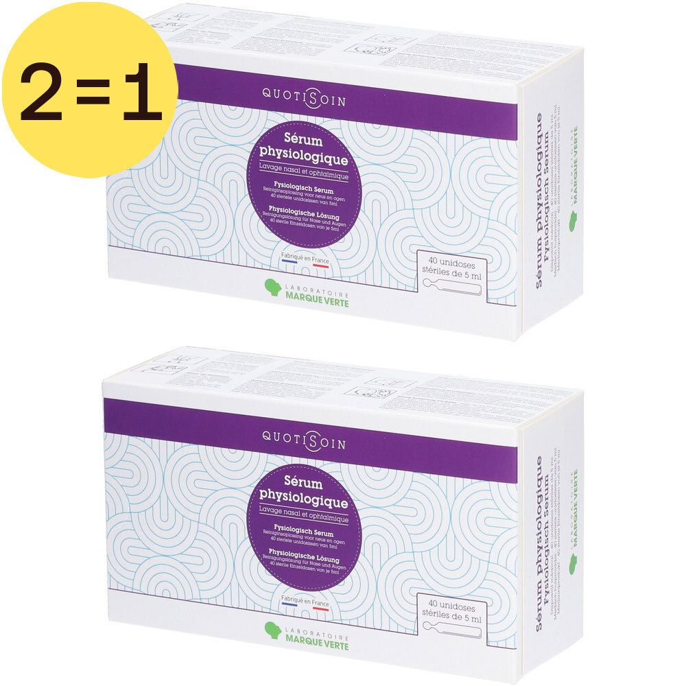 Twee dozen "Sérum physiologique" van QUOTSOIN. Gele cirkel met "2=1". Paarse en groene accenten.